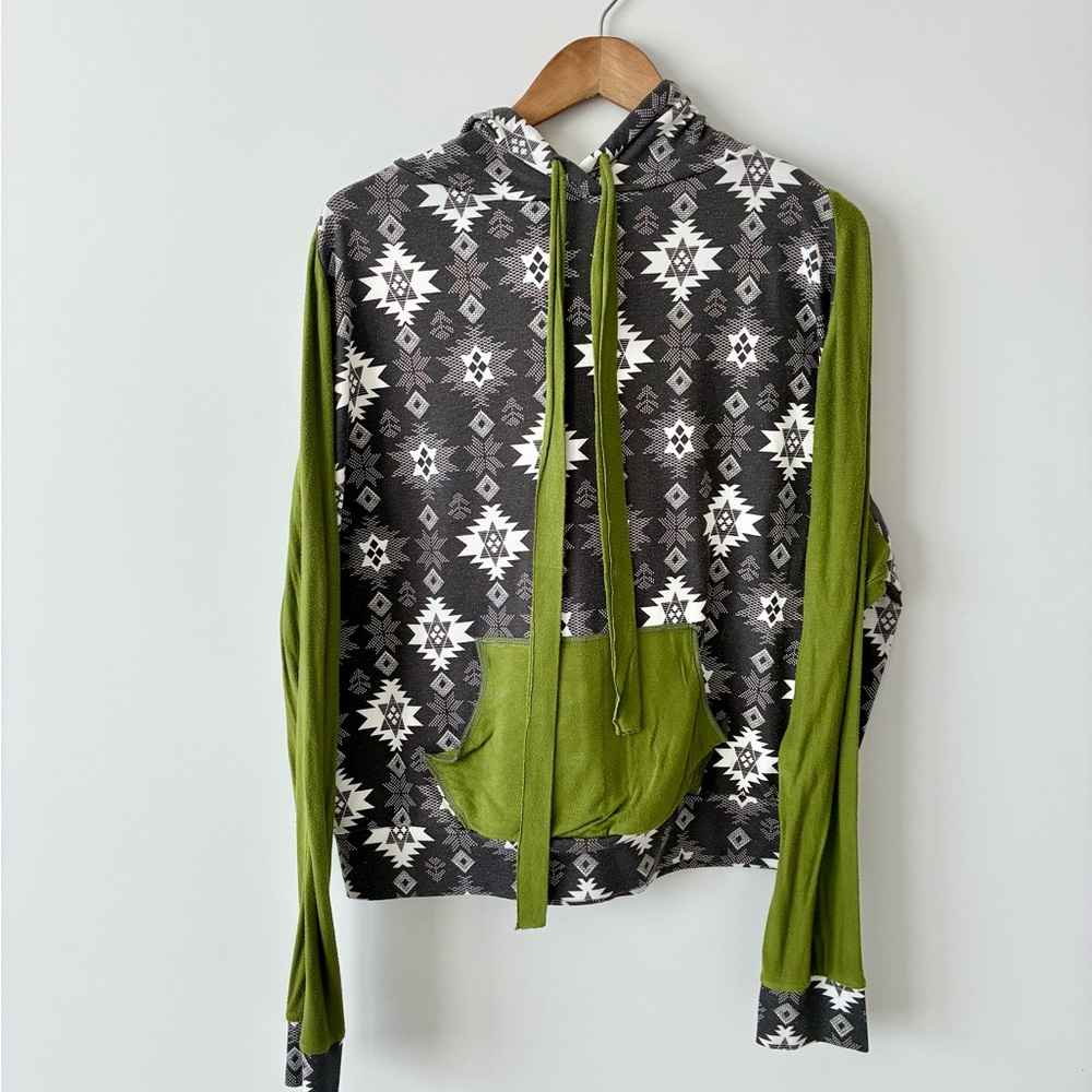 Aztec Print Hoodie – Green & Black Southwestern Boho Hoodie – One Size